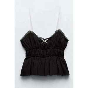 NWT Zara Pleated Smocked Camisole Women L Black Bow Peplum Tank Top Festival